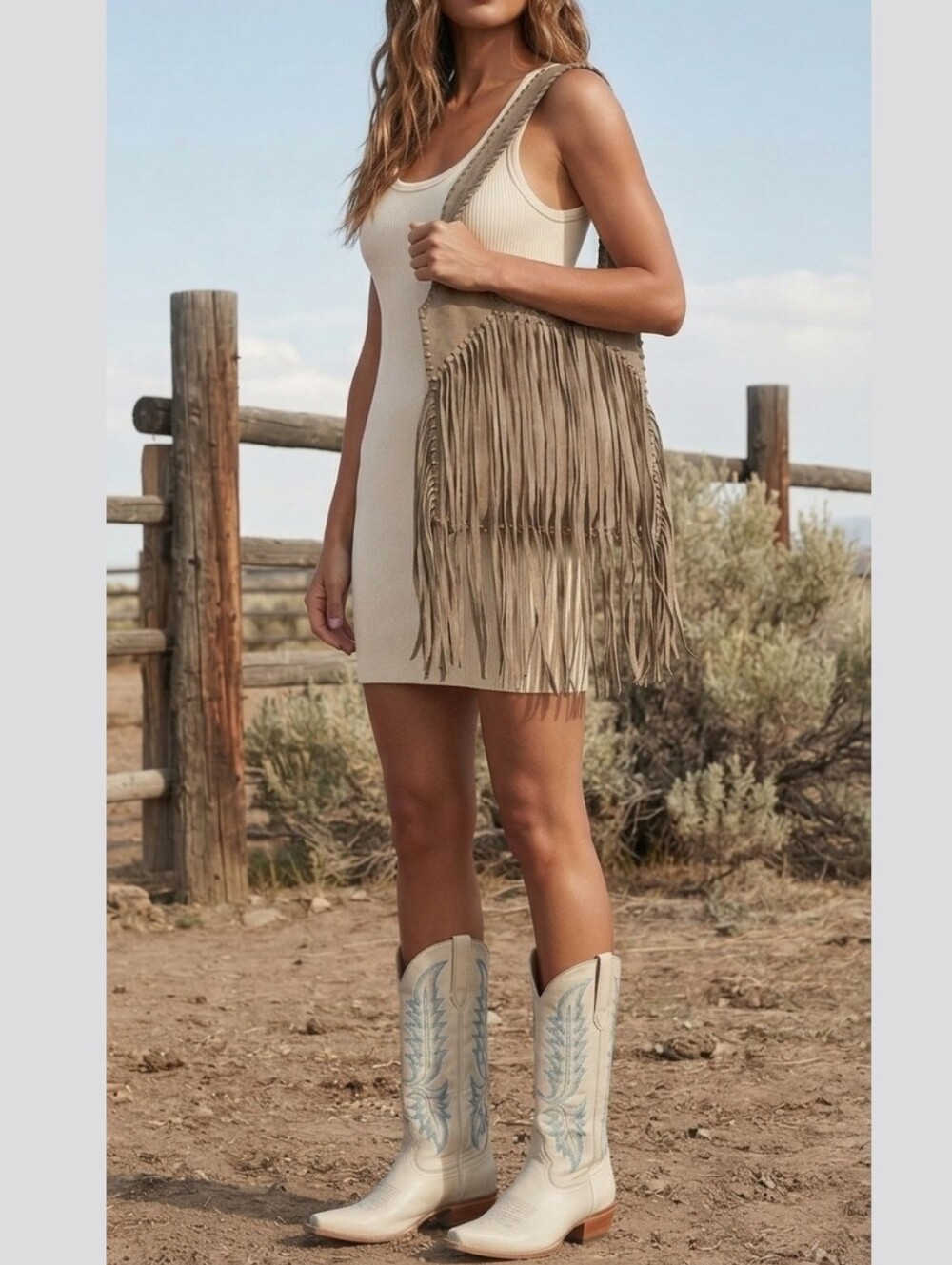 TOPSHOP Western Hand-Tie Genuine Suede Leather Fringe Hobo Shoulder Bag In Khaki